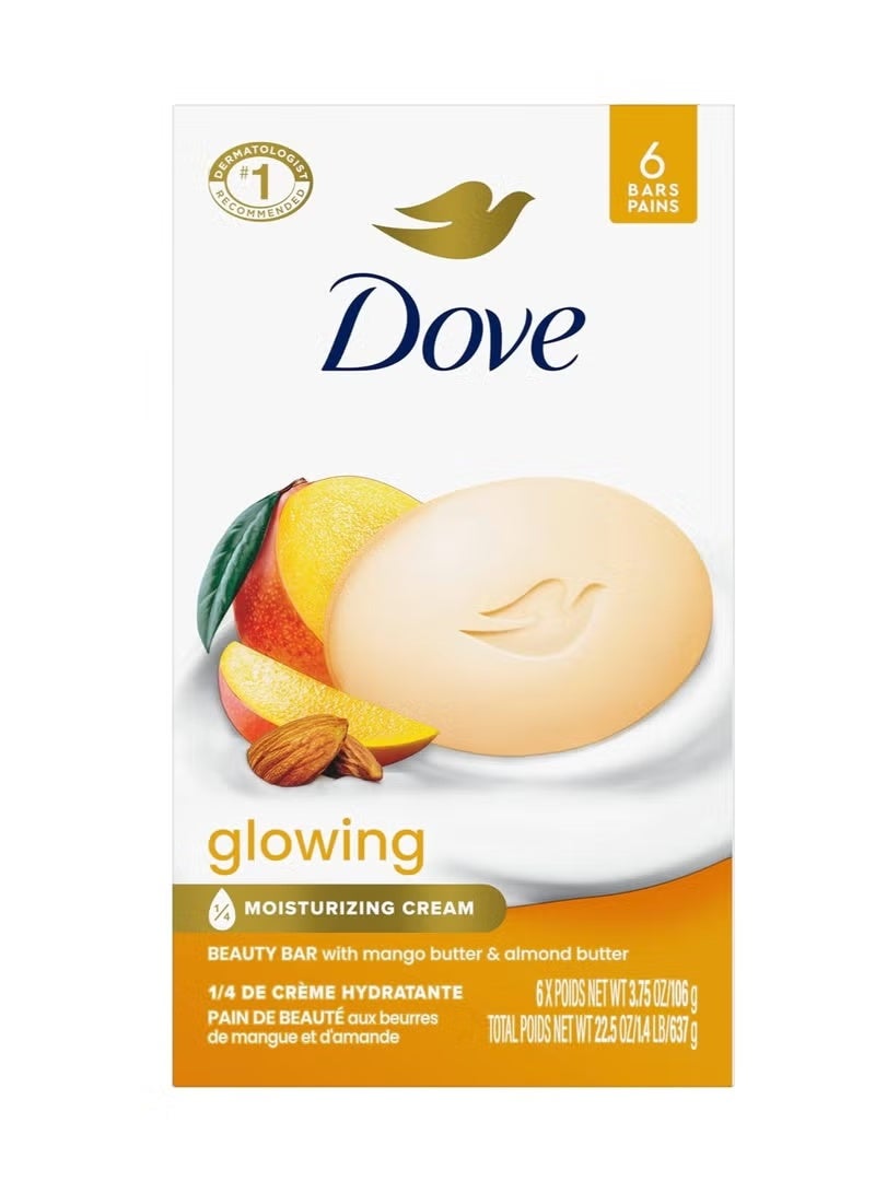 Dove Beauty Bar Gentle Skin Cleanser Moisturizing for Gentle Soft Skin Care Glowing Mango Butter and Almond Butter More Moisturizing Than Bar Soap 3. 75 oz 6 Bars(Pack of 1)
